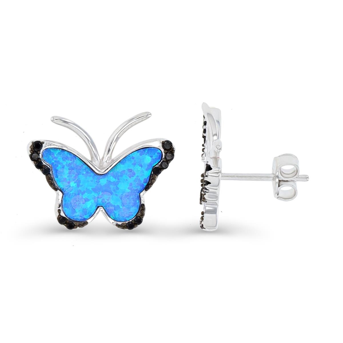 Sterling Silver Rhodium and Black & Cr. Blue Opal and Black Spinel Butterfly Stud Earring