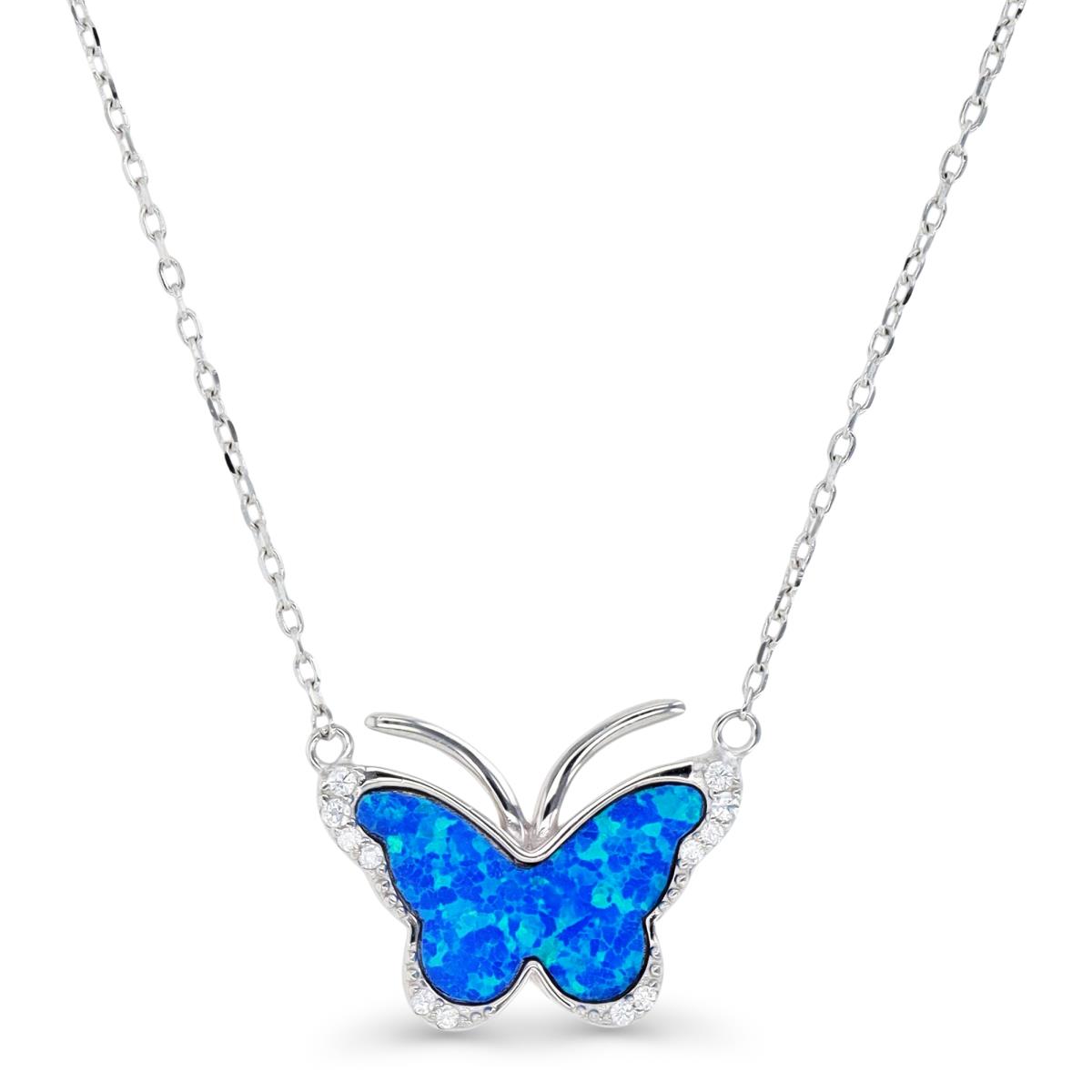 Sterling Silver Rhodium & Cr. Blue Opal and White CZ Butterfly 16+2" Necklace