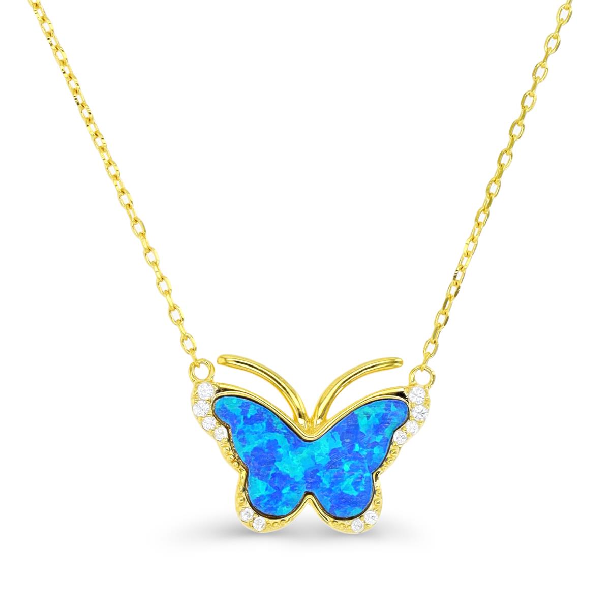Sterling Silver Yellow & Cr. Blue Opal and White CZ Butterfly 16+2" Necklace