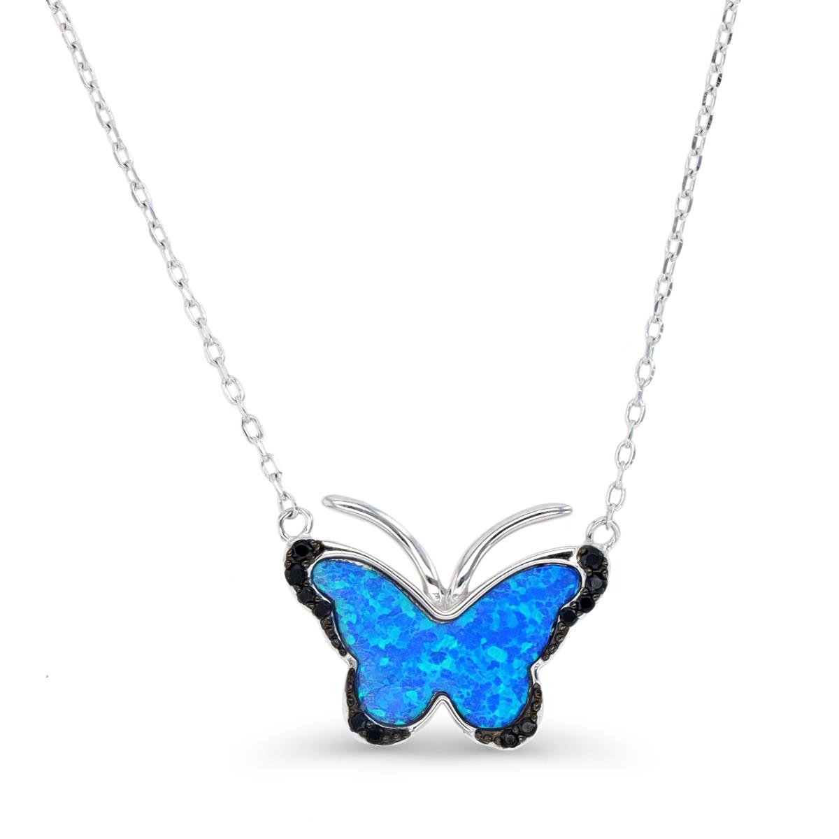 Sterling Silver Rhodium and Black & Cr. Blue Opal and Black Spinel Butterfly 16+2" Necklace