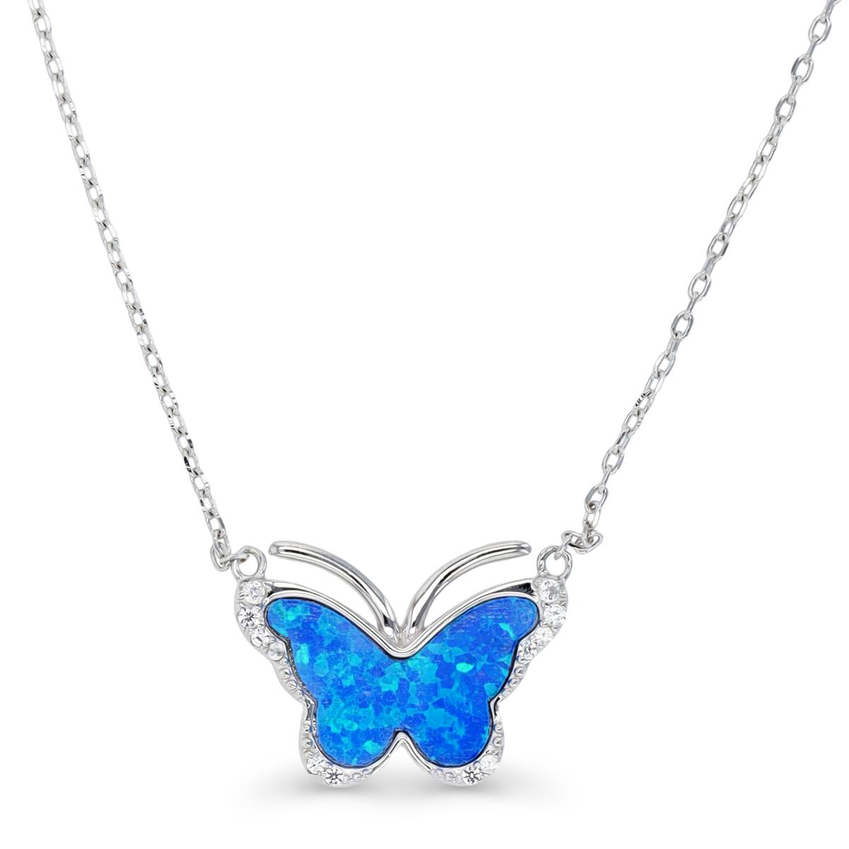 Sterling Silver Rhodium & Cr. Blue Opal and Cr. White Sapphire Butterfly 16+2" Necklace