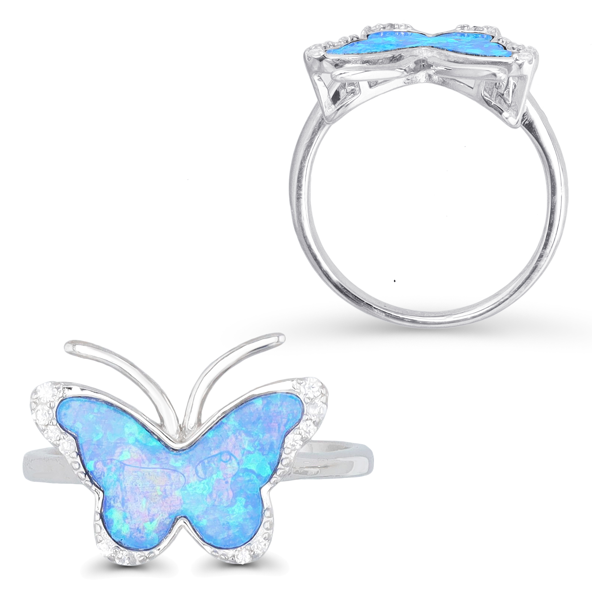 Sterling Silver Rhodium & Cr. Blue Opal and White CZ Butterfly Ring