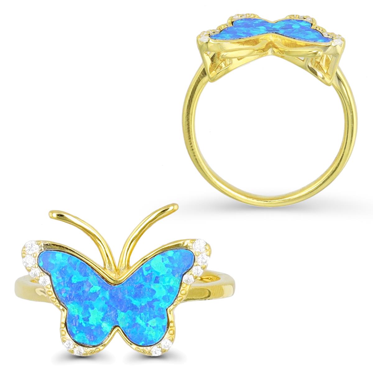 Sterling Silver Yellow 1M & Cr. Blue Opal and White CZ Butterfly Ring