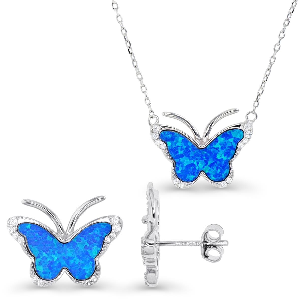 Sterling Silver Rhodium & Cr. Blue Opal and White CZ Butterfly Earrings and Necklace Set