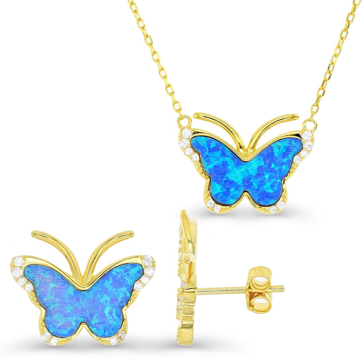 Sterling Silver Yellow 1M & Cr. Blue Opal and White CZ Butterfly Earrings and 16+2" Necklace Set