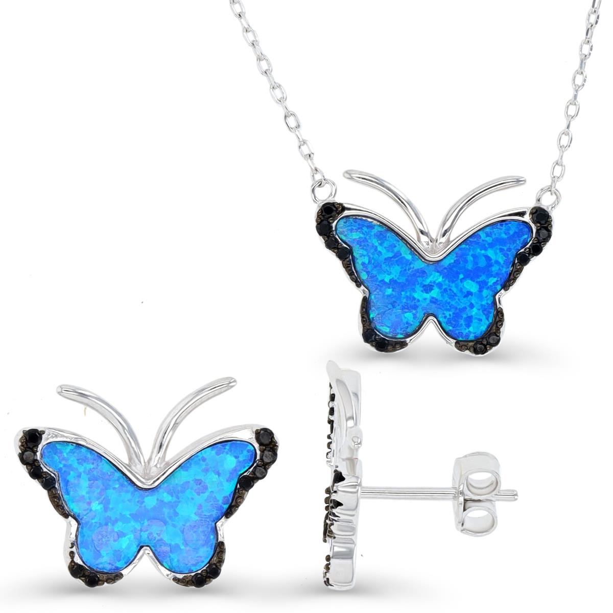 Sterling Silver Rhodium and Black & Cr. Blue Opal and Black Spinel Butterfly Earrings and Necklace Set