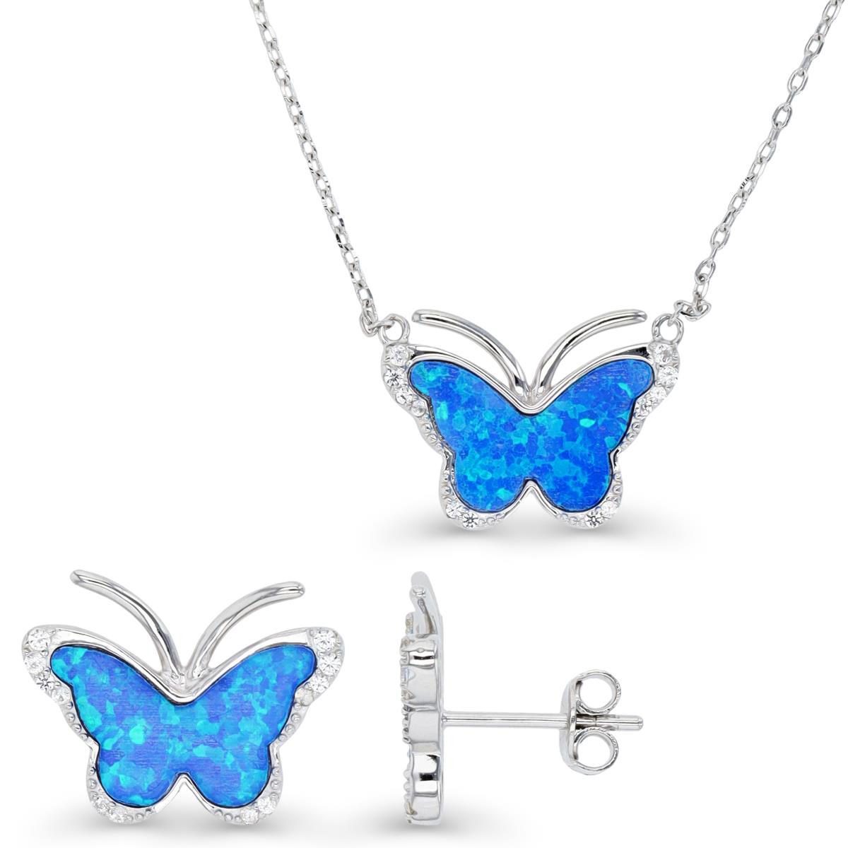 Sterling Silver Rhodium & Cr. Blue Opal and Cr. White Sapphire Earrings and Necklace Set