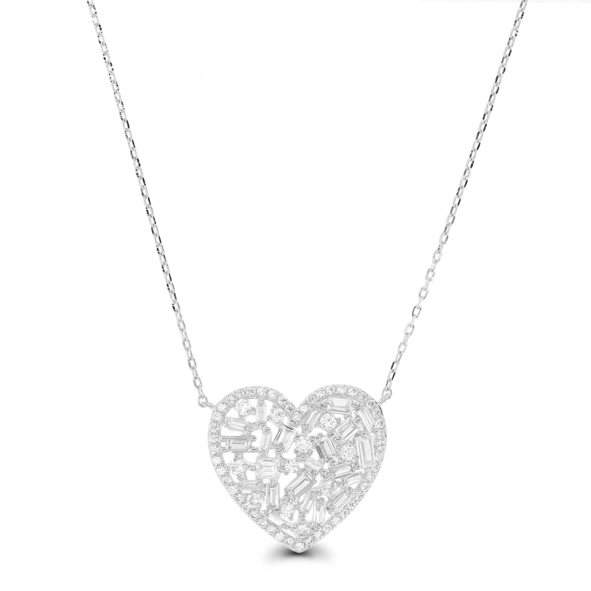 Sterling Silver Rhodium .75M  20X20 MM Rd & ST.Baguette White CZ Dangling Heart 18''+2'' Necklace