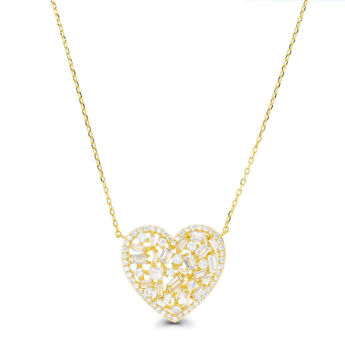 Sterling Silver Yellow .5M 20X20 MM Rd & ST.Baguette White CZ Dangling Heart 18''+2'' Necklace