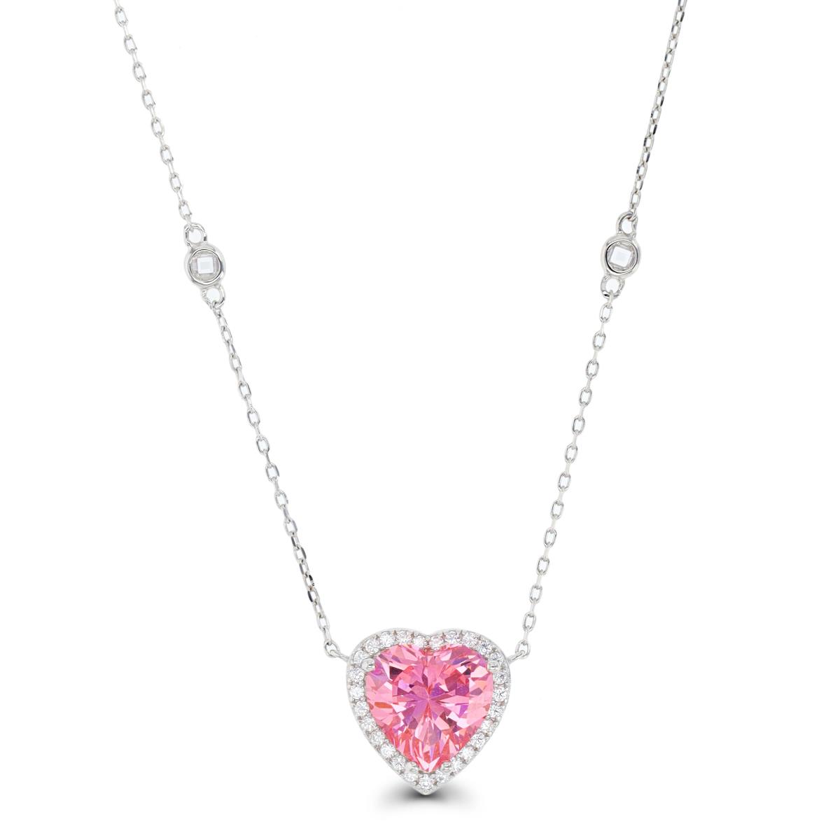 Sterling Silver Rhodium 10X10MM Polished White & Pink  CZ Dangling Heart Station 18''+2'' Necklace