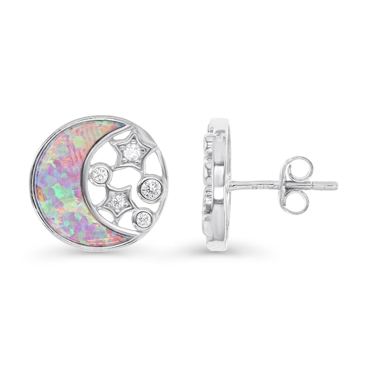 Sterling Silver Rhodium & Cr. Pink Opal and White CZ 13MM Disc Moon and Stars Stud Earring