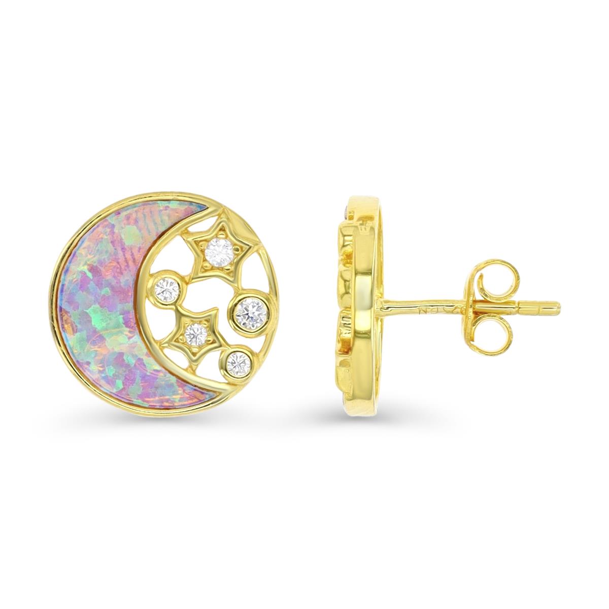 Sterling Silver Yellow 1M & Cr. Pink Opal and White CZ 13MM Disc Moon and Stars Stud Earring