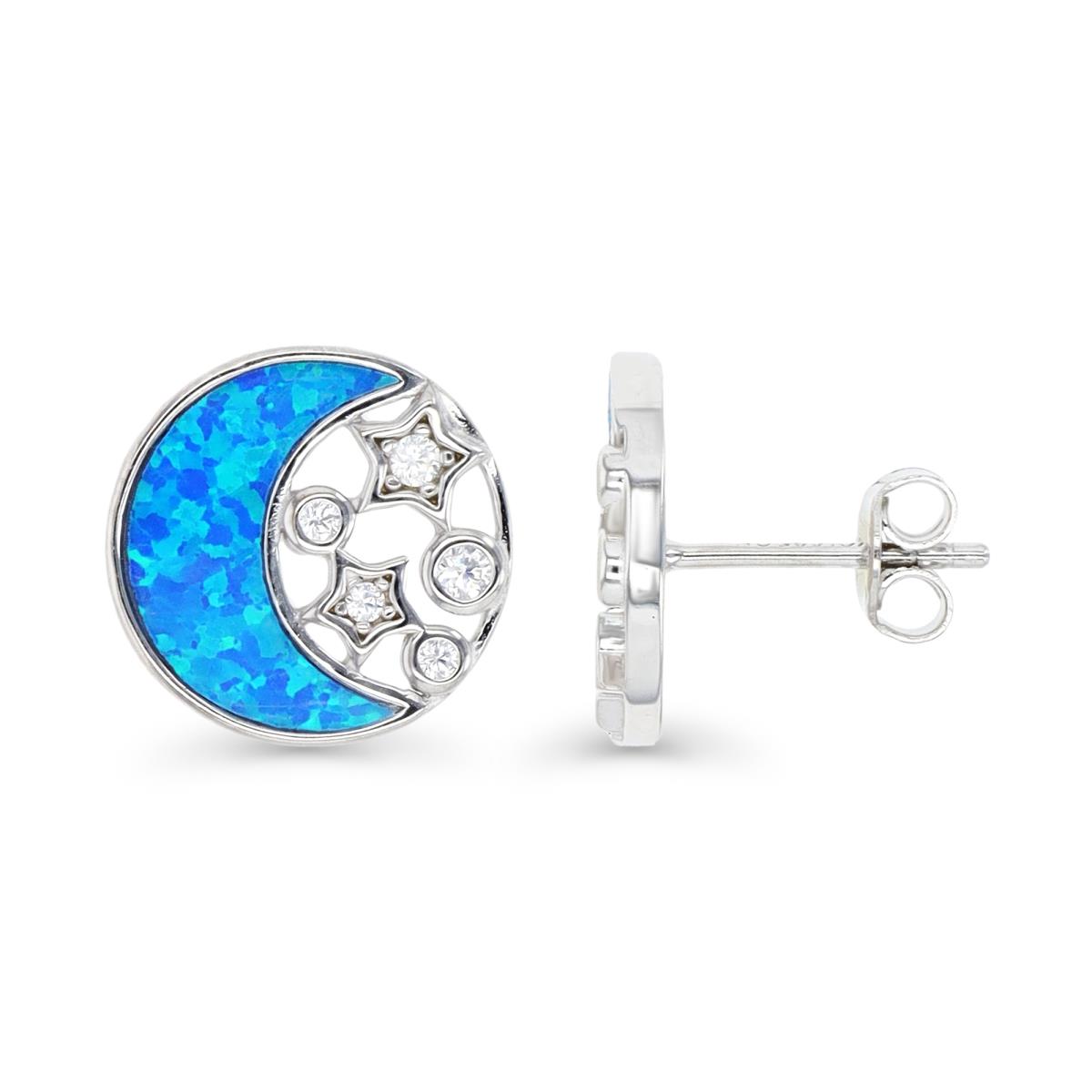 Sterling Silver Rhodium & Cr. White Opal and Cr. White Sapphire 13MM Disc Moon and Stars Stud Earring