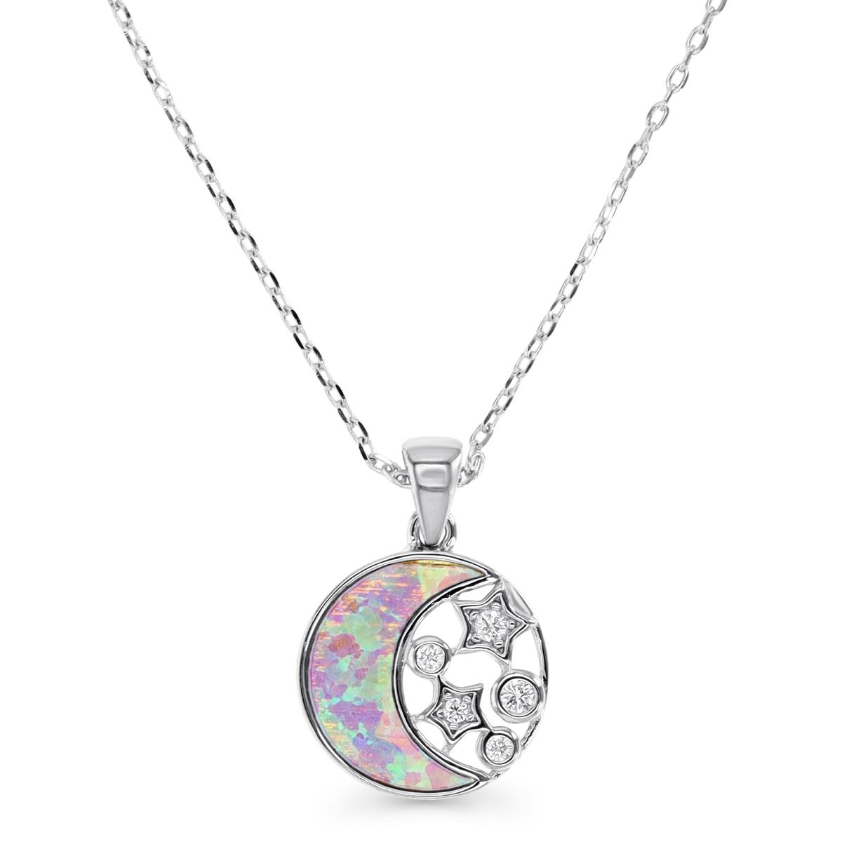 Sterling Silver Rhodium & Cr. Pink Opal and White CZ  Moon and Stars 13MM Disc 16+2" Necklace