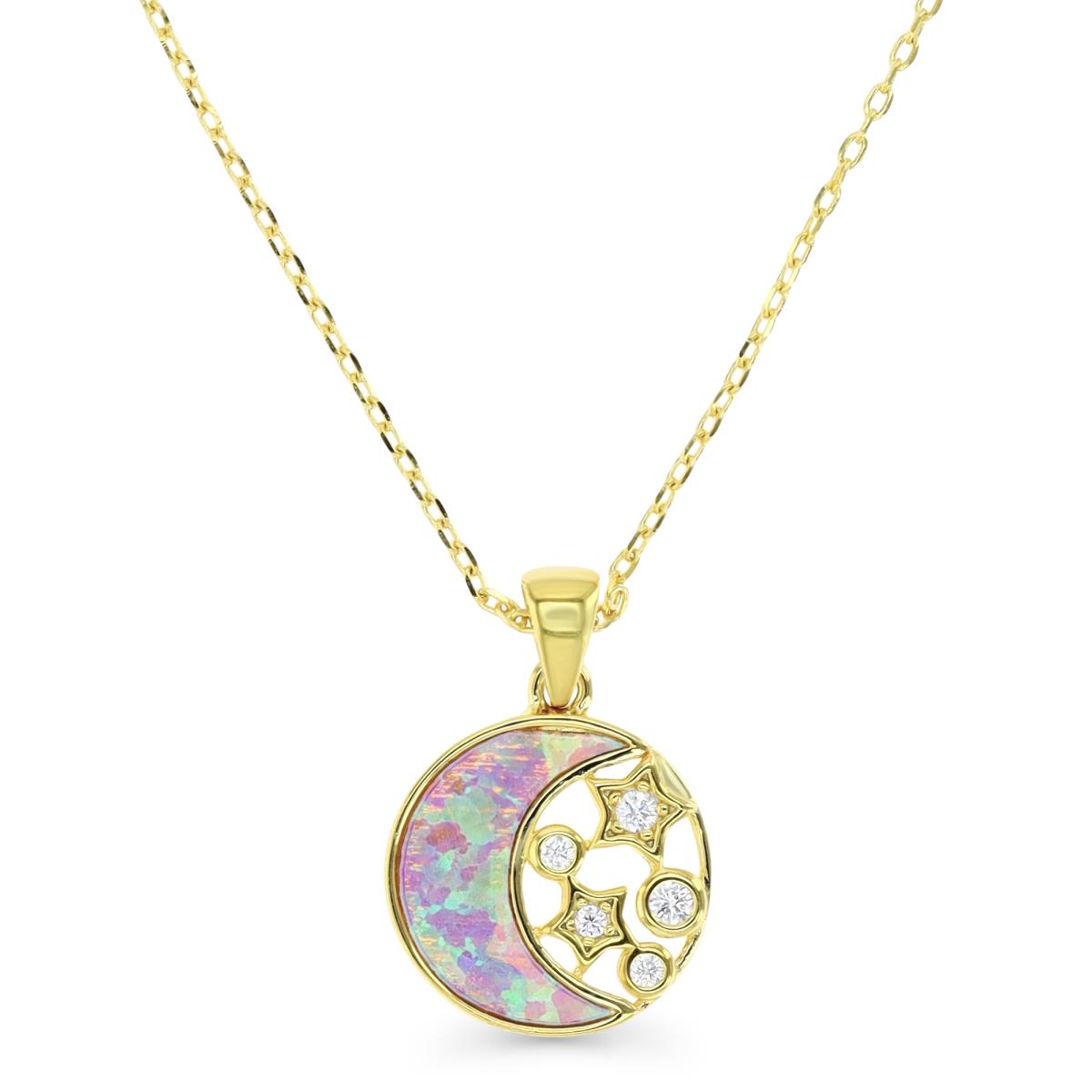 Sterling Silver Yellow 1M & Cr. Pink Opal and White CZ  Moon and Stars 13MM Disc 16+2" Necklace