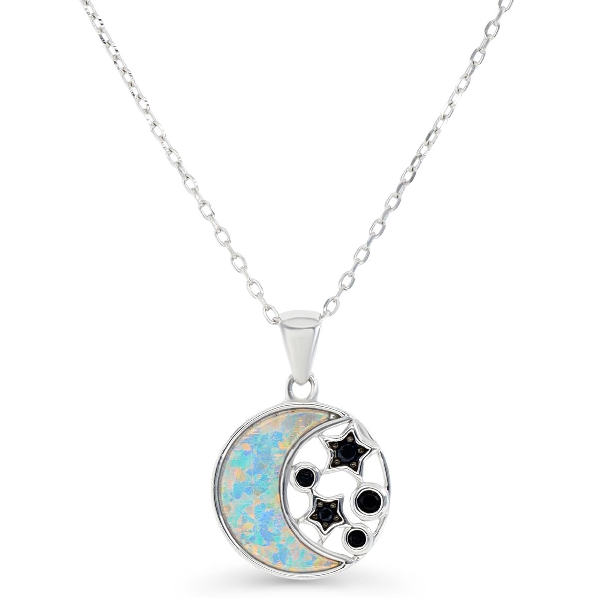 Sterling Silver Rhodium and Black & Cr. White Opal and Black Spinel Moon and Stars 13MM Disc 16+2" Necklace