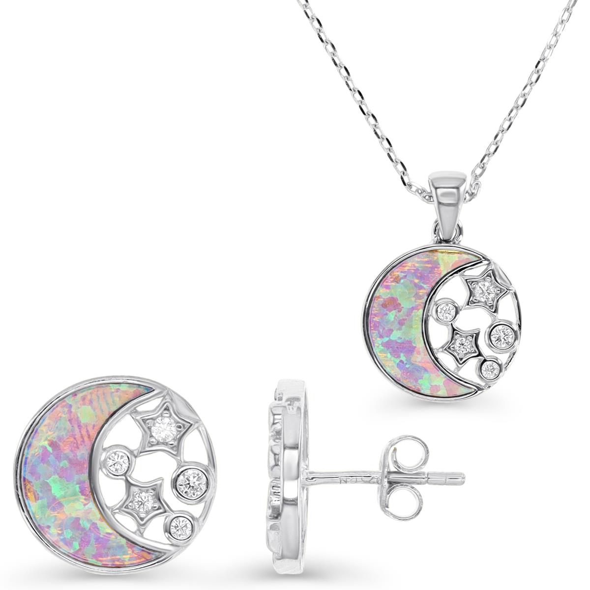 Sterling Silver Rhodium & Cr. Pink Opal and White CZ  Moon and Stars Disc Earrings and Necklace Set