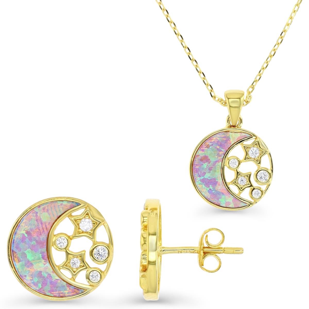 Sterling Silver Yellow 1M & Cr. Pink Opal and White CZ  Moon and Stars Disc Earrings and Necklace Set