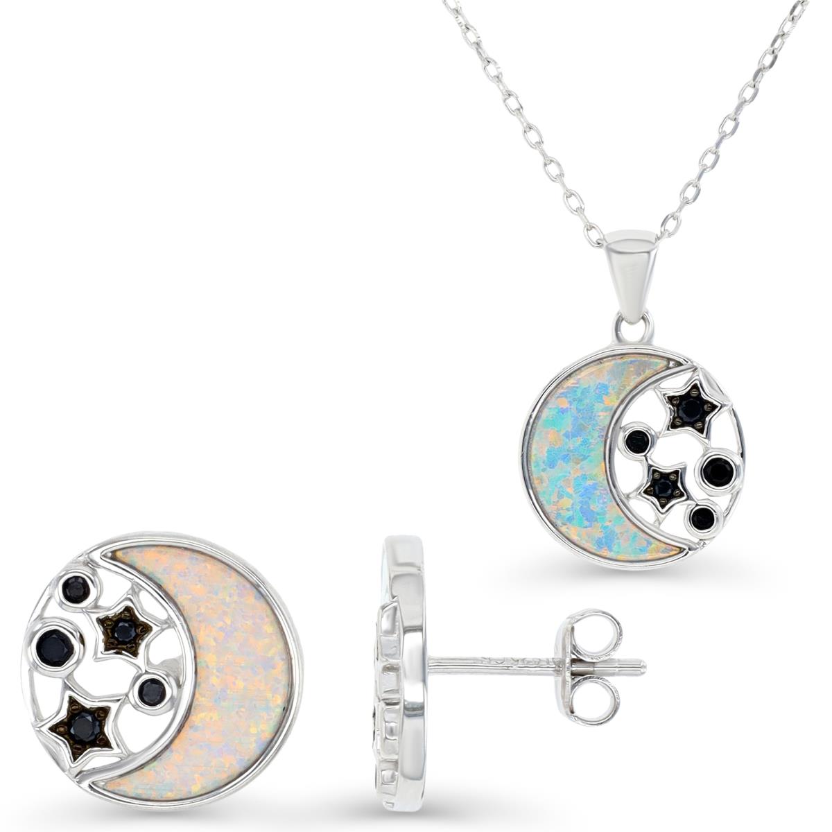 Sterling Silver Rhodium and Black & Cr. White Opal and Black Spinel Moon and Stars Disc Earrings and Necklace Set