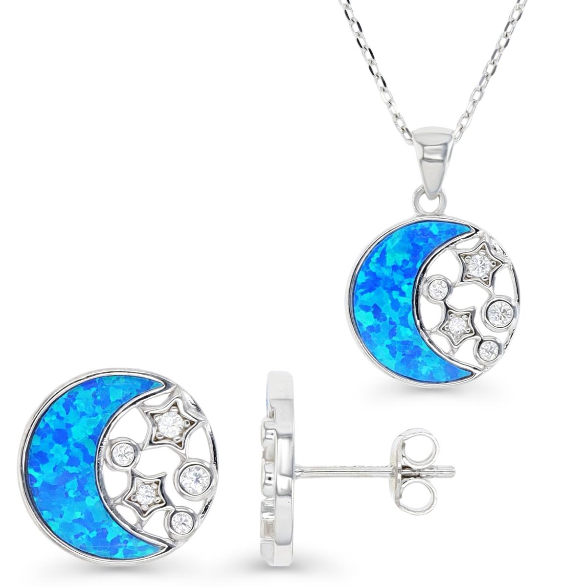 Sterling Silver Rhodium & Cr. White Opal and Cr. White Sapphire Moon and Stars Disc Earrings and Necklace Set