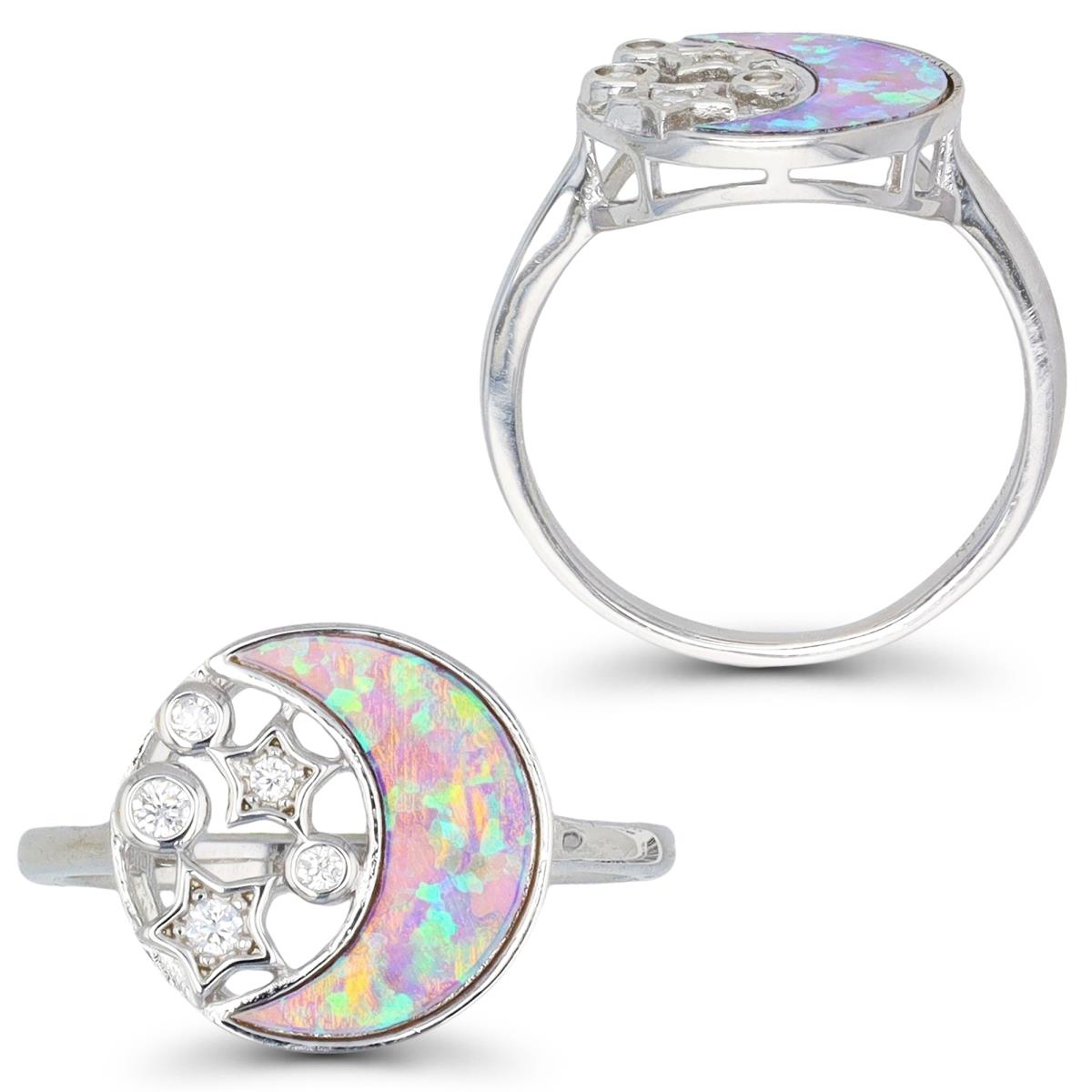 Sterling Silver Rhodium & Cr. Pink Opal and White CZ  Moon and Stars 13MM Disc Ring