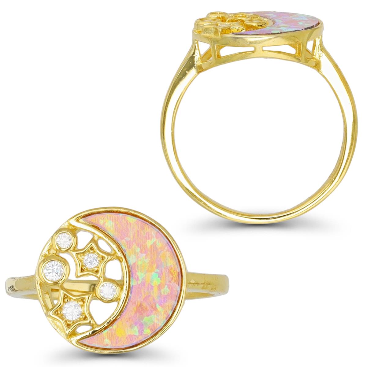 Sterling Silver Yellow 1M & Cr. Pink Opal and White CZ  Moon and Stars 13MM Disc Ring