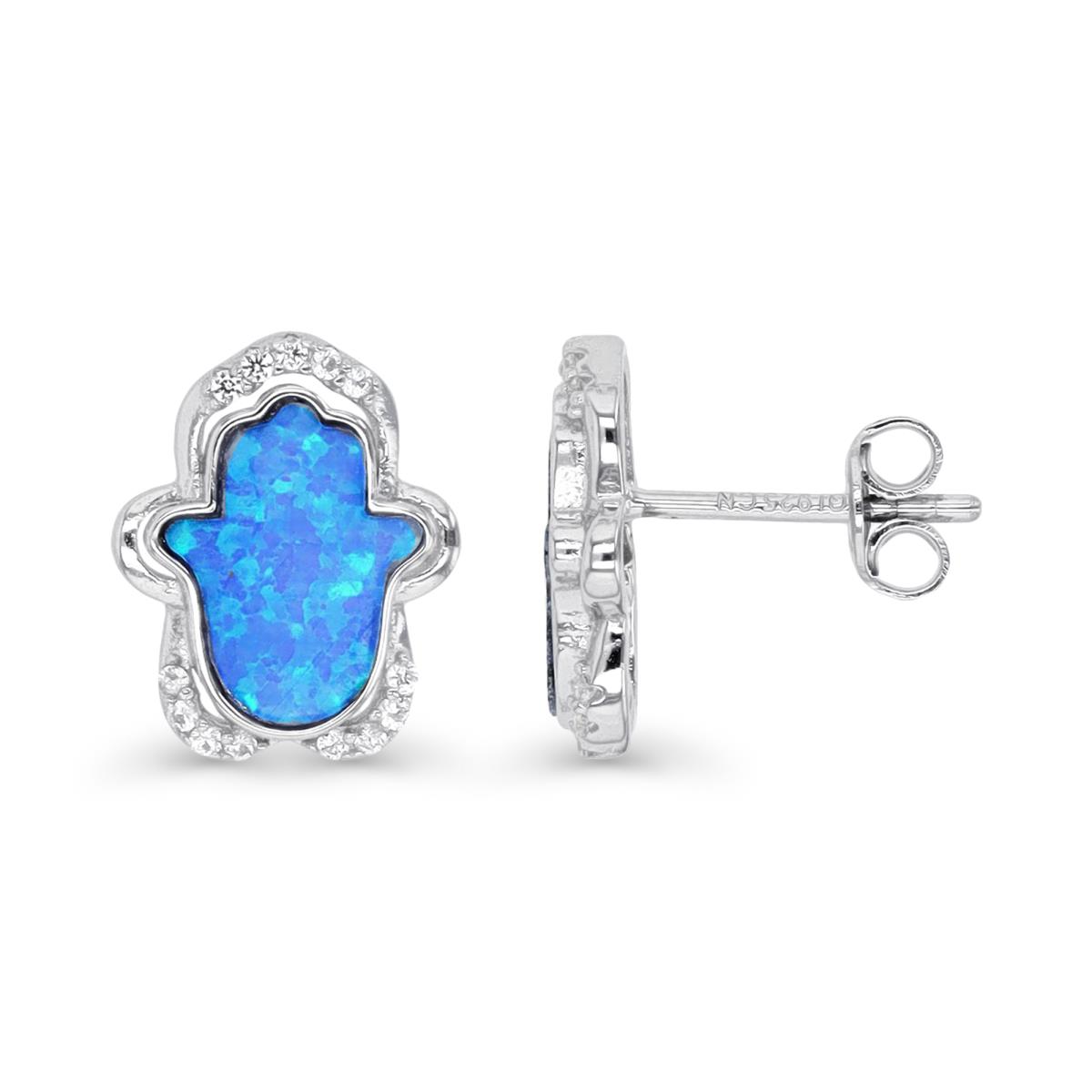 Sterling Silver Rhodium & Cr. Blue Opal and White CZ Hamsa Stud Earring