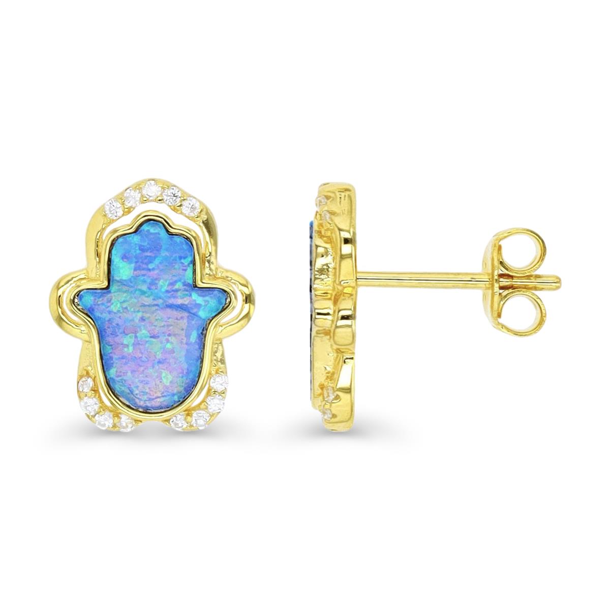 Sterling Silver Yellow 1M & Cr. Blue Opal and White CZ Hamsa Stud Earring