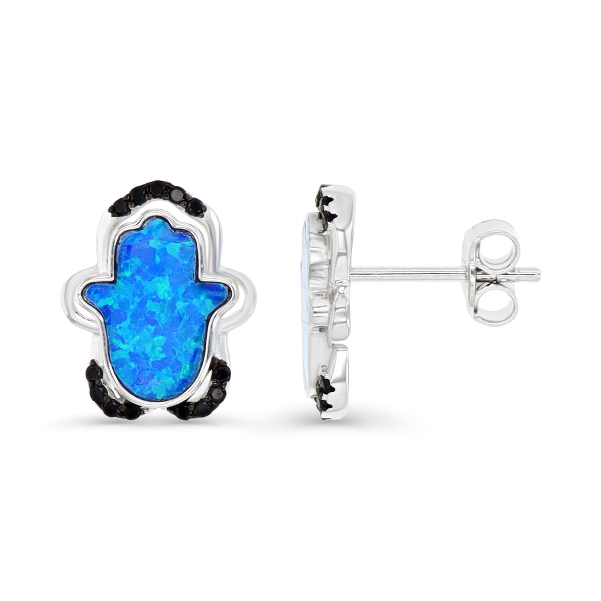 Sterling Silver Rhodium and Black & Cr. Blue Opal and Black Spinel Hamsa Stud Earring