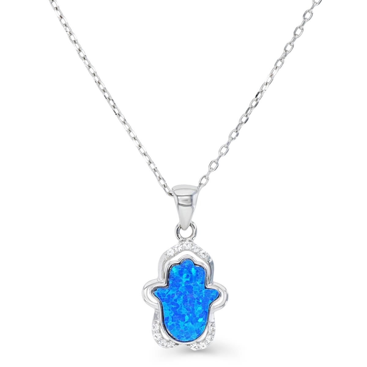 Sterling Silver Rhodium & Cr. Blue Opal and White CZ Hamsa 16+2" Necklace
