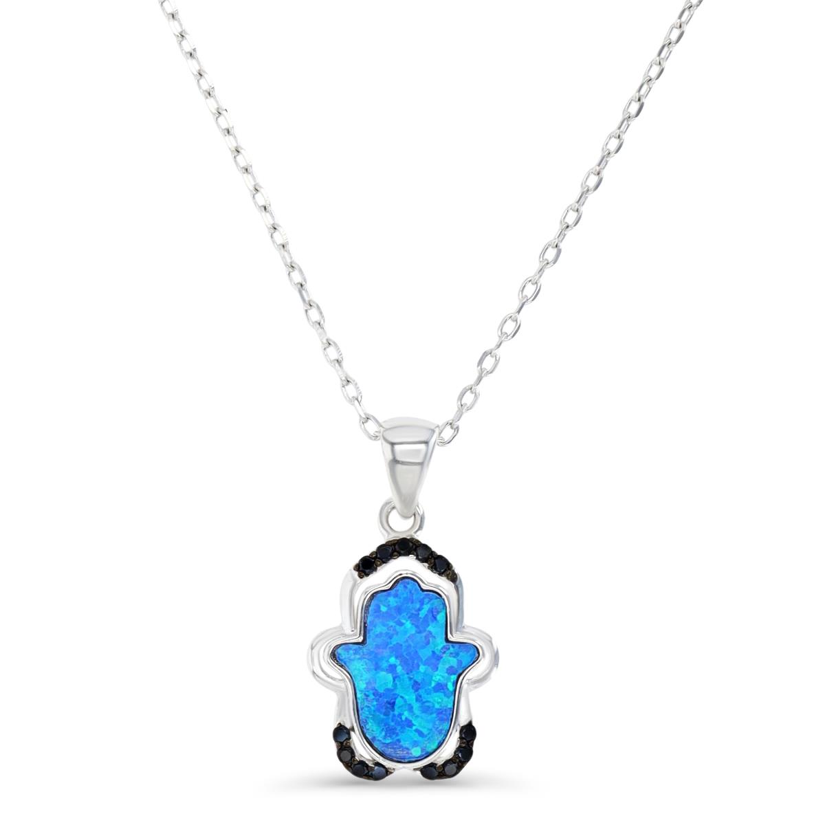 Sterling Silver Rhodium and Black & Cr. Blue Opal and Black Spinel Hamsa 16+2" Necklace
