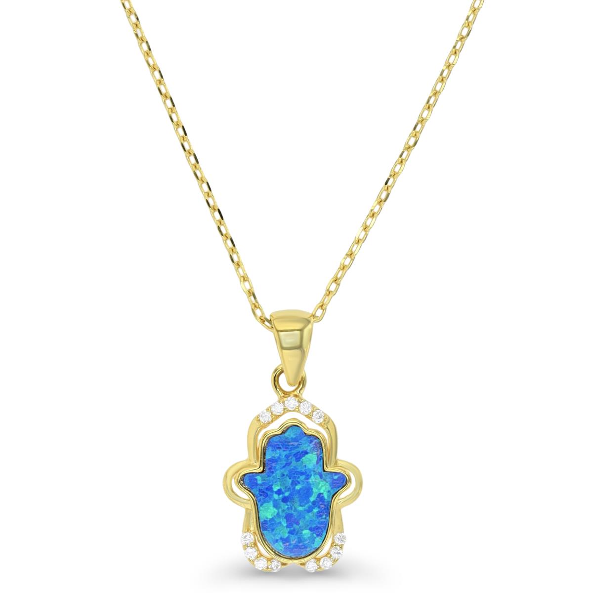 Sterling Silver Yellow 1M & Cr. Blue Opal and White CZ Hamsa 16+2" Necklace