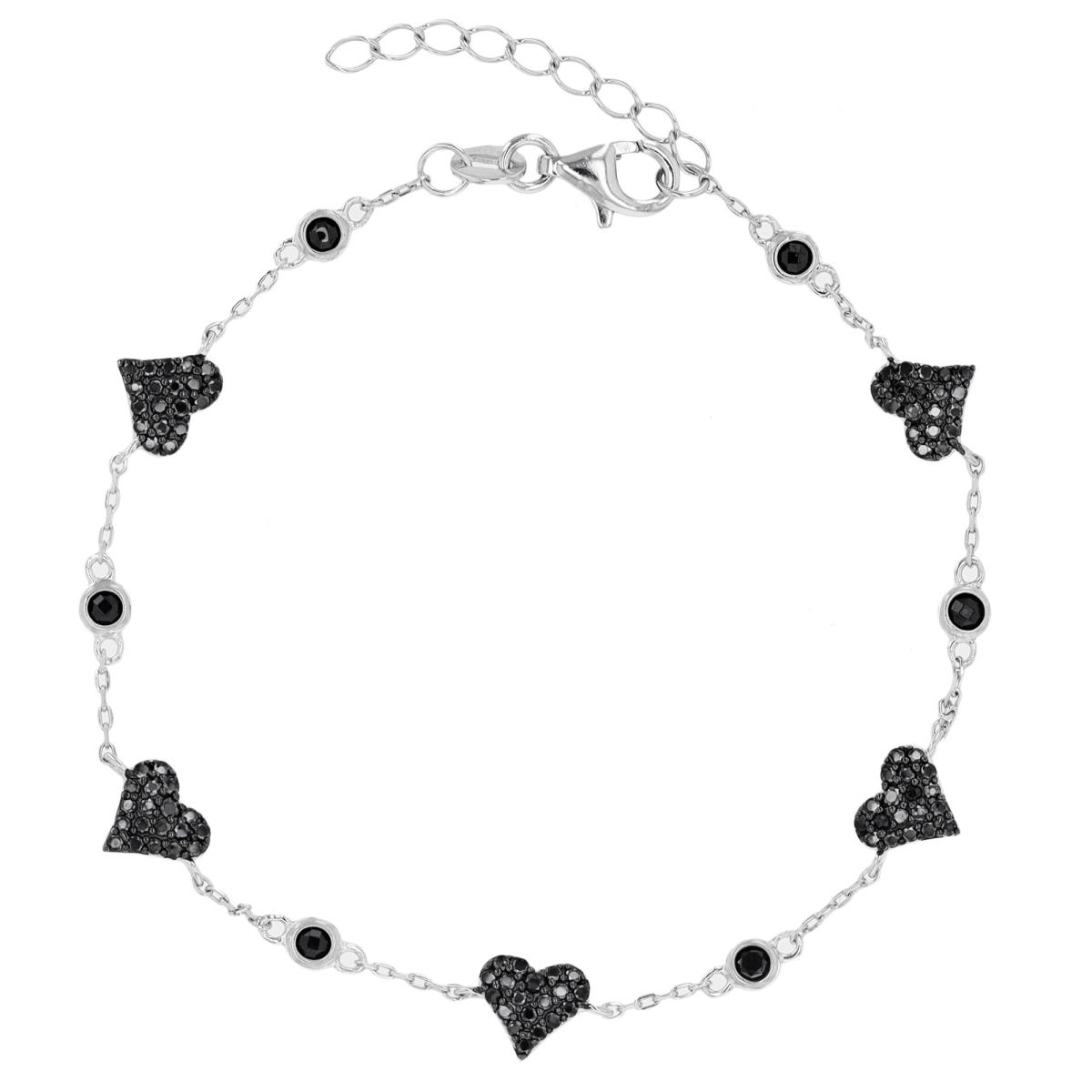 Sterling Silver Rhodium & Black / Black CZ Heart & Bezel 7"+1" Bracelet