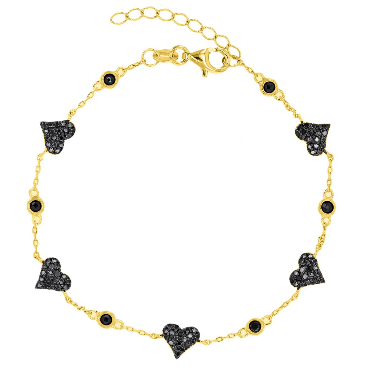 Sterling Silver Yellow & Black / Black CZ Heart & Bezel 7"+1" Bracelet