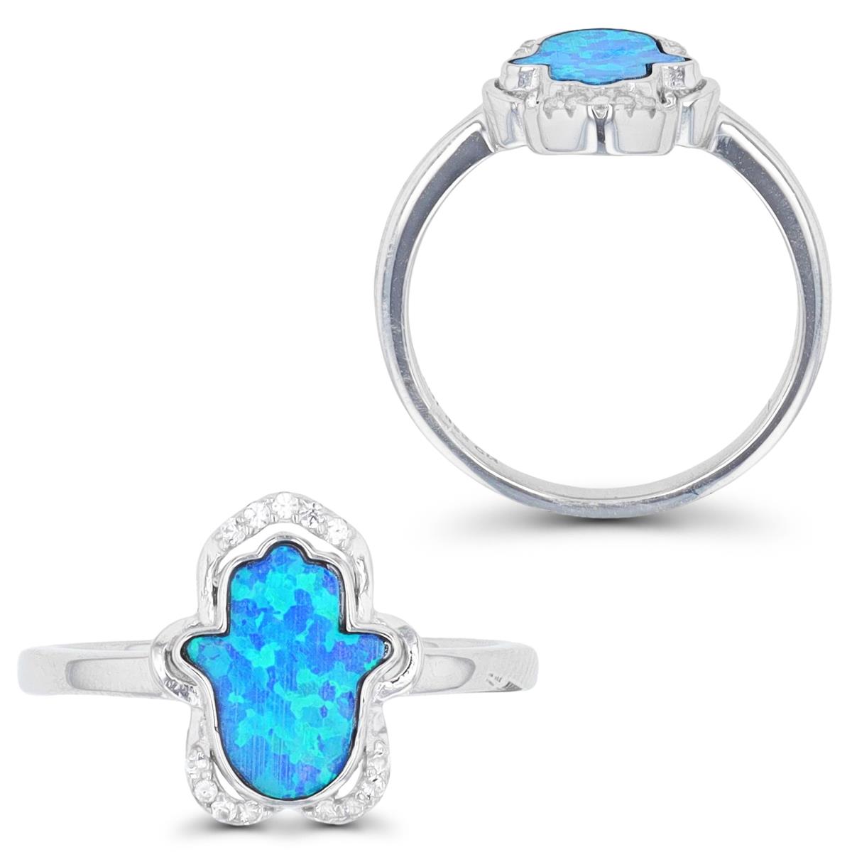 Sterling Silver Rhodium & Cr. Blue Opal and White CZ Hamsa Ring