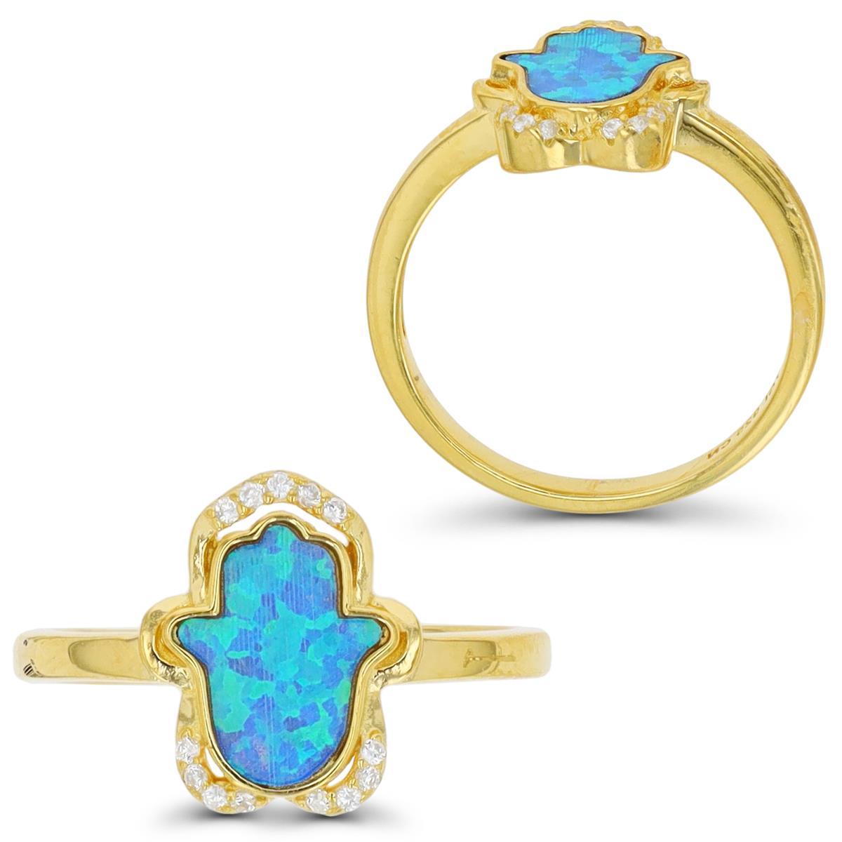 Sterling Silver Yellow 1M & Cr. Blue Opal and White CZ Hamsa Ring