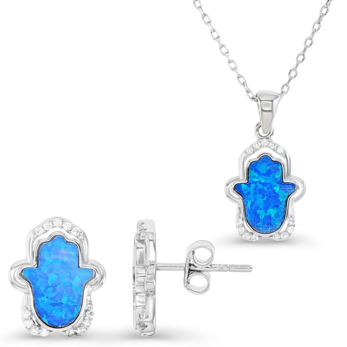 Sterling Silver Rhodium & Cr. Blue Opal and White CZ Hamsa Earrings and Necklace Set