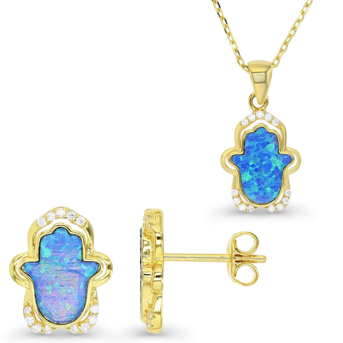 Sterling Silver Yellow 1M & Cr. Blue Opal and White CZ Hamsa Earrings and 16+2" Necklace Set