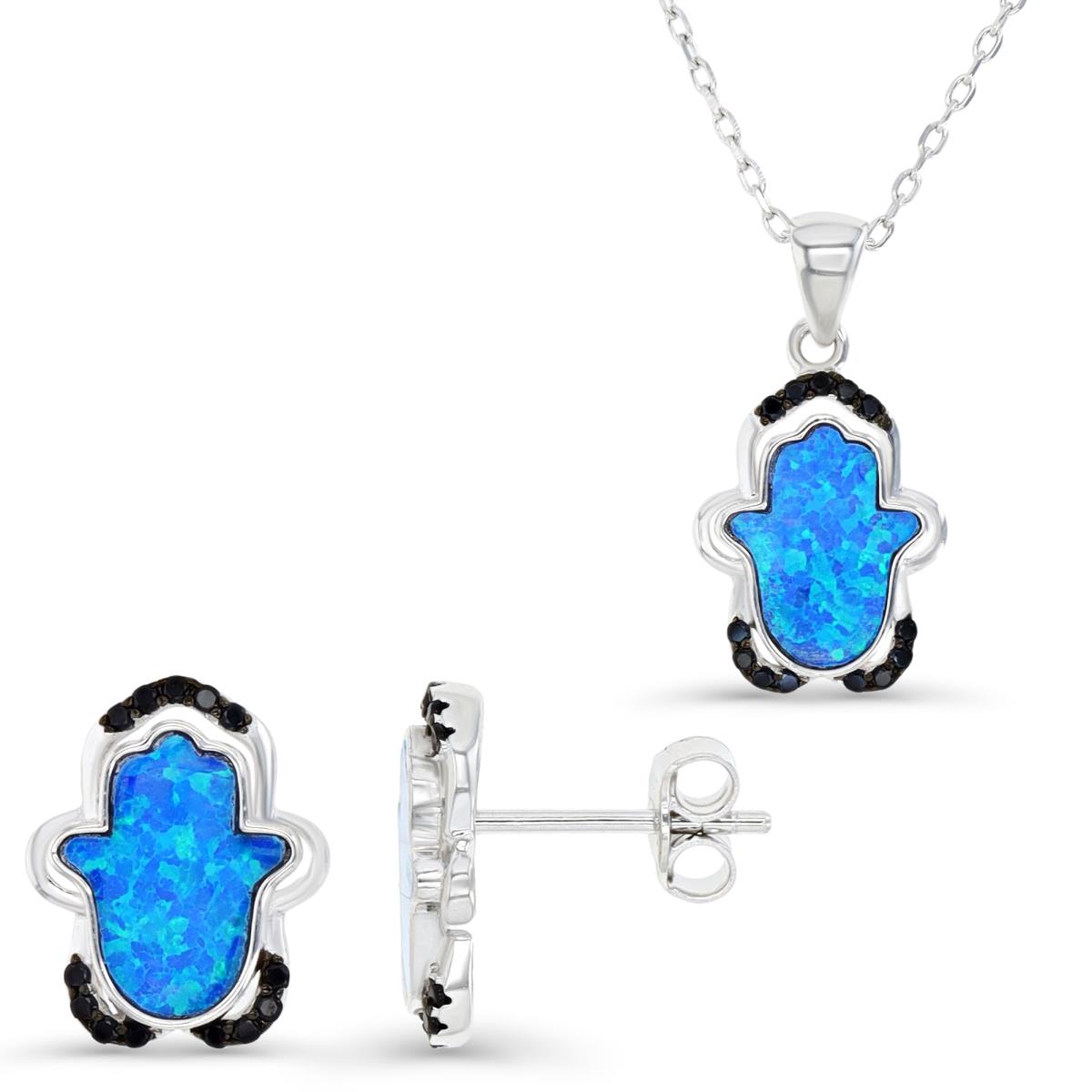 Sterling Silver Rhodium and Black & Cr. Blue Opal and Black Spniel Hamsa Earrings and Necklace Set