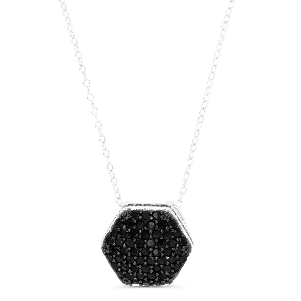 Sterling Silver Rhodium & Black Rnd Black CZ Pave Pufy Hexagon 18+2"Necklace