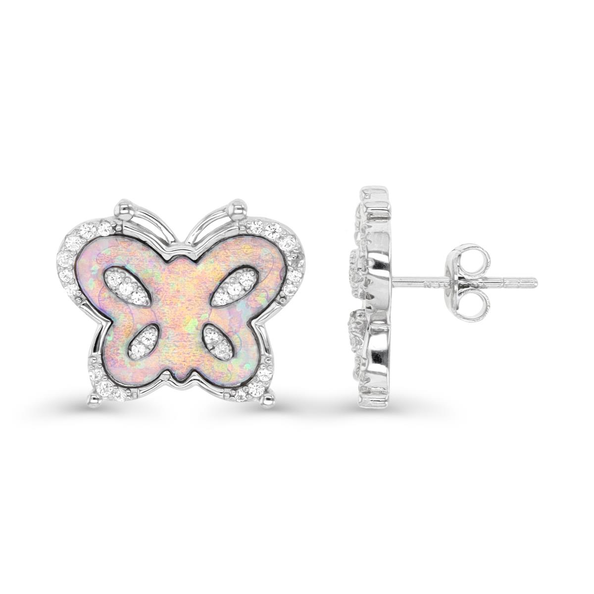Sterling Silver Rhodium & Created Pink Opal and White CZ Butterfly Stud Earrings