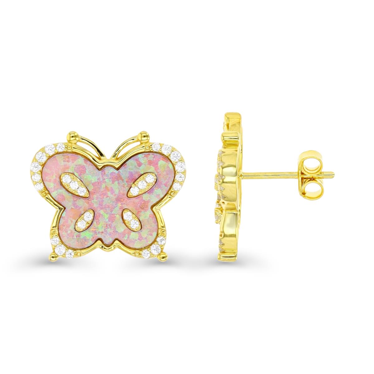 Sterling Silver Yellow 1M & Created Pink Opal and White CZ Butterfly Stud Earrings
