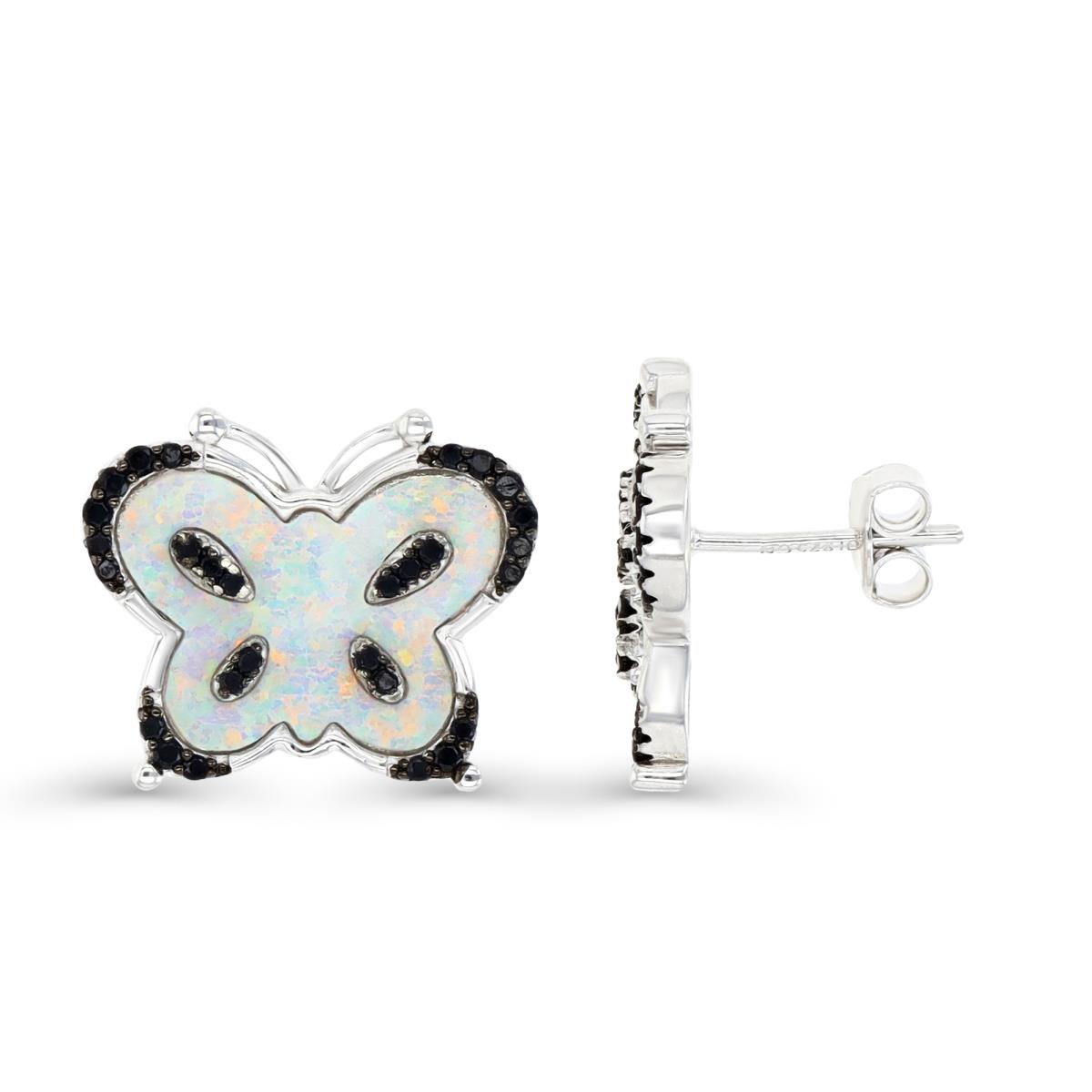 Sterling Silver Rhodium and Black & Created White Opal and Black Spinel Butterfly Stud Earrings