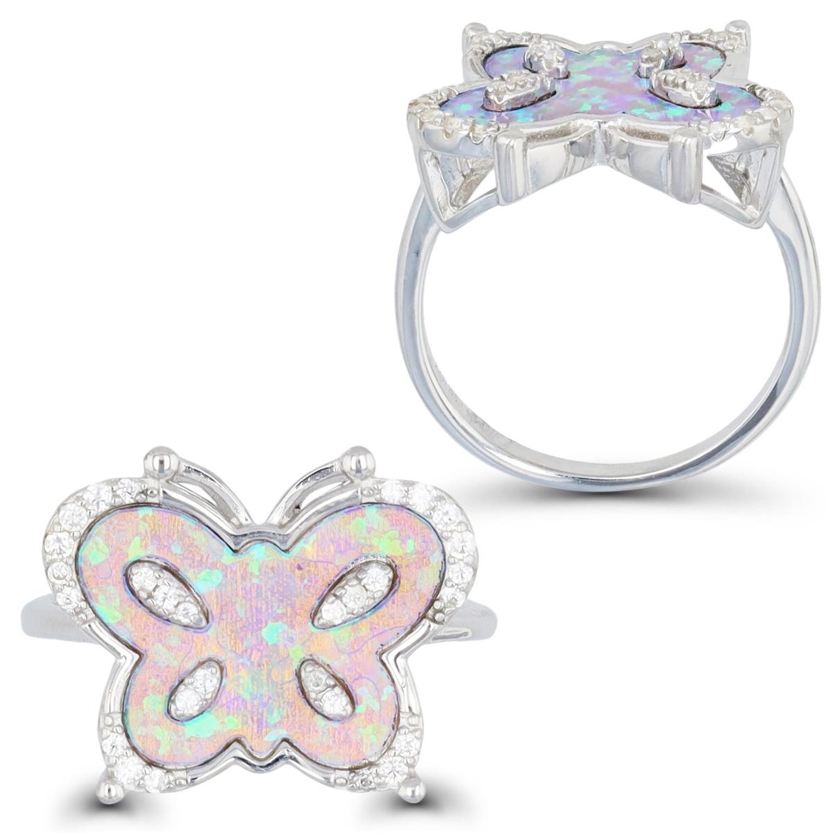 Sterling Silver Rhodium & Created Pink Opal and White CZ Butterfly Ring