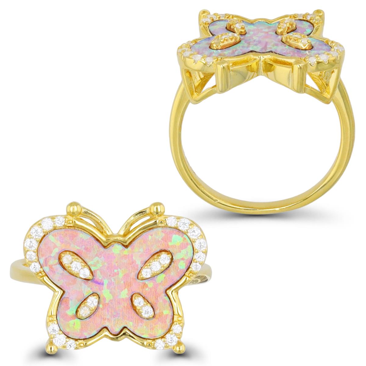 Sterling Silver Yellow 1M & Created Pink Opal and White CZ Butterfly Ring
