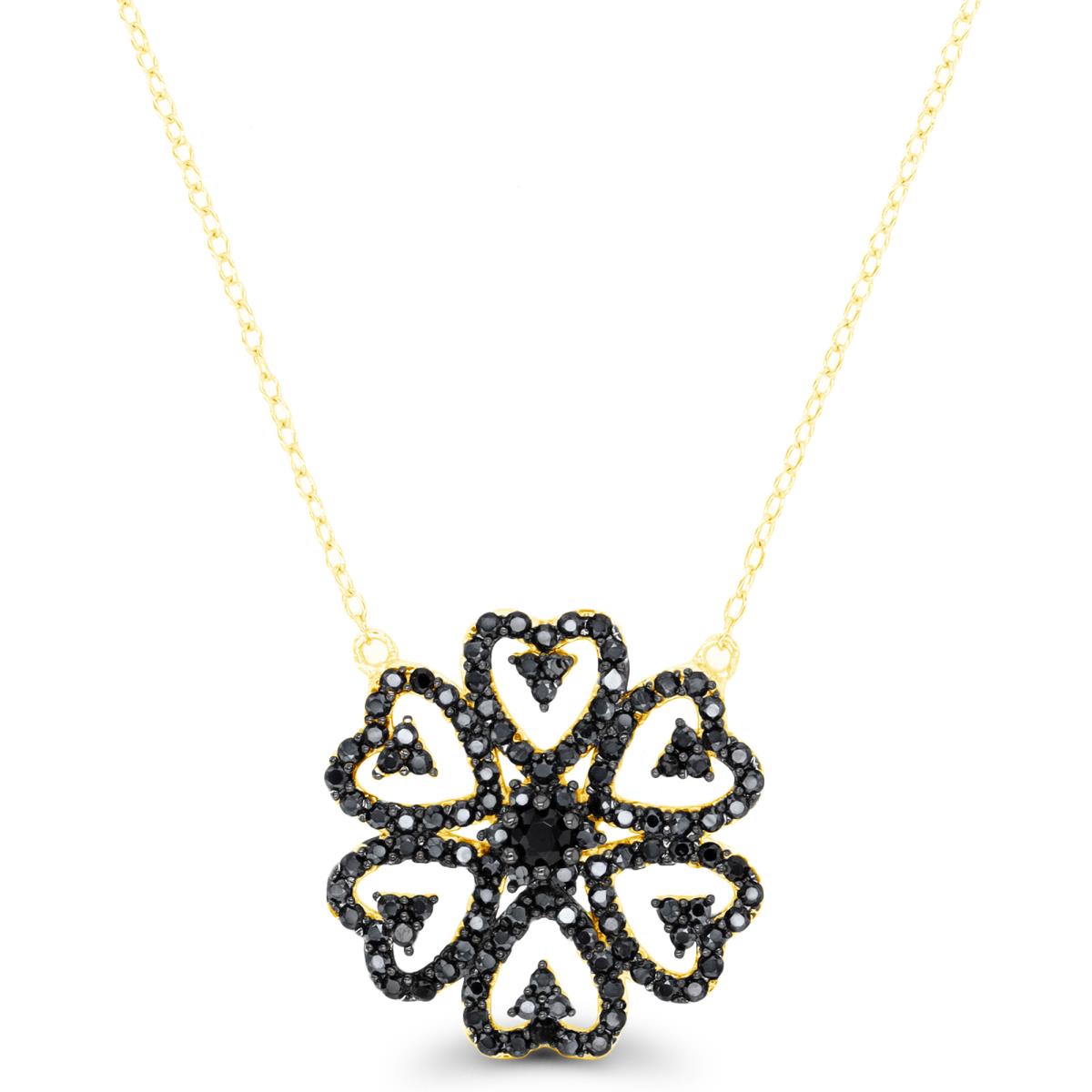 Sterling Silver Yellow & Black Rnd Black CZ Flower 18"Necklace
