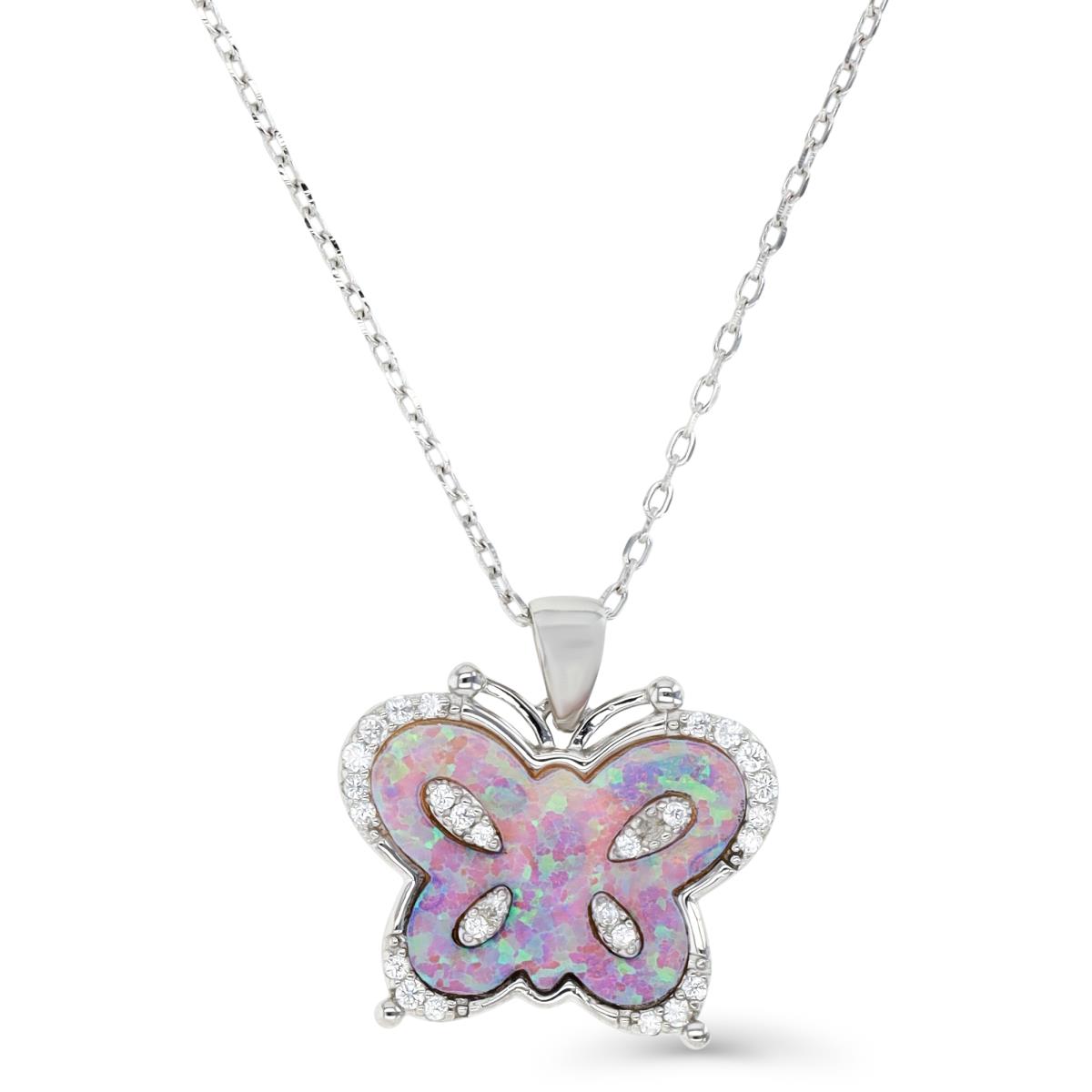 Sterling Silver Rhodium & Created Pink Opal and White CZ Butterfly 16+2" Necklace