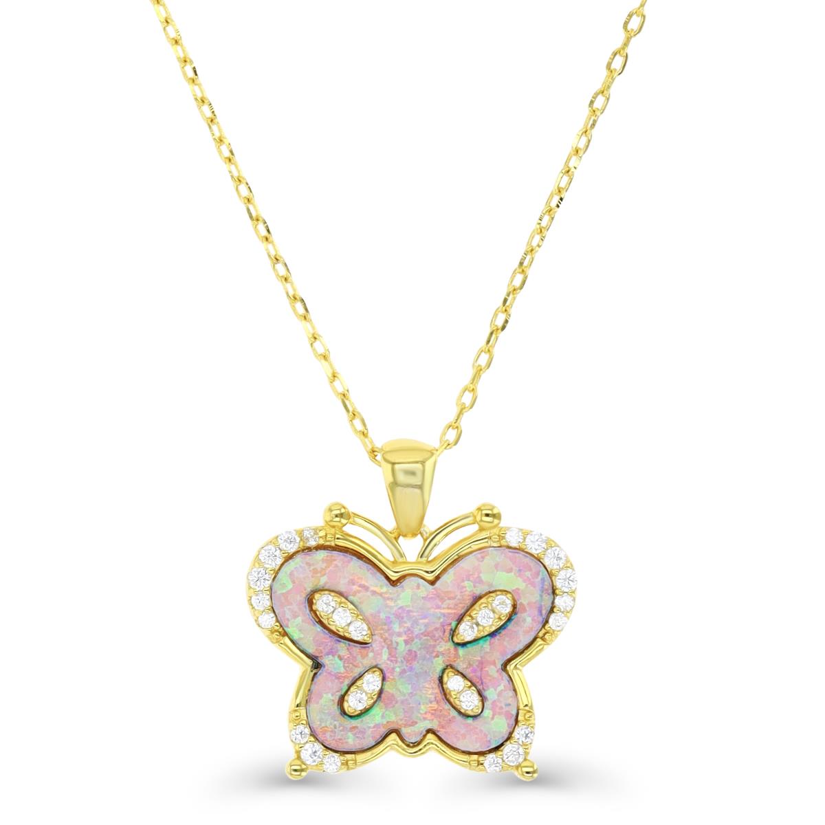 Sterling Silver Yellow 1M & Created Pink Opal and White CZ Butterfly 16+2" Necklace