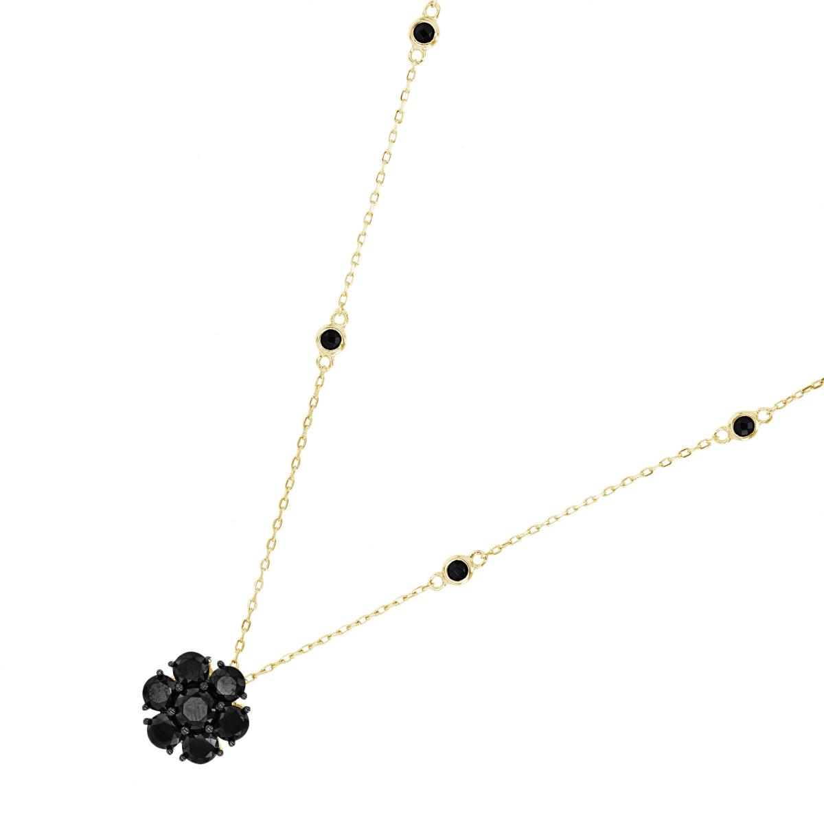 Sterling Silver Yellow Black CZ Flower 18+2" Necklace