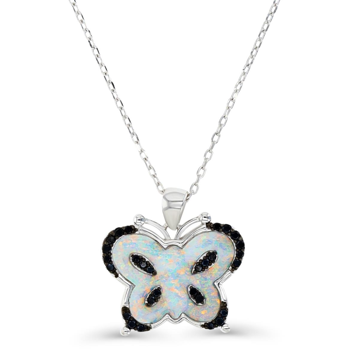 Sterling Silver Rhodium and Black & Created White Opal and Black Spinel Butterfly 16+2" Necklace